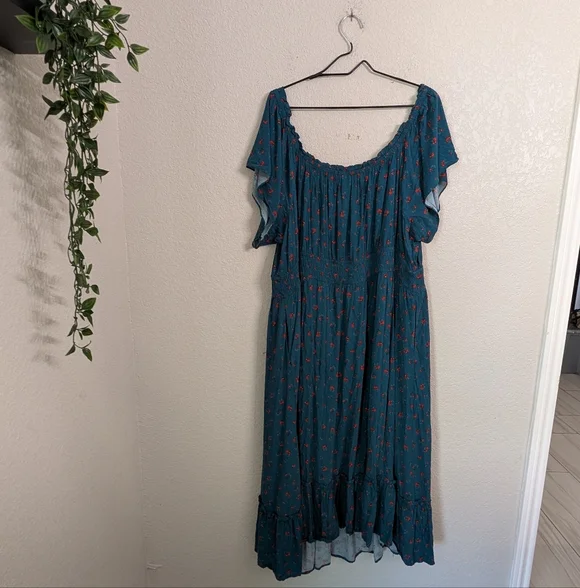 Torrid Green Floral Challis Off The Shoulder Midi Dress Size 4X Spring Pockets - Picture 5 of 12